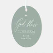 Sage Green White Cross Foto Boy Taufe Ornament (Vorderseite links)