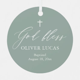 Sage Green White Cross Foto Boy Taufe Ornament Aus Metall