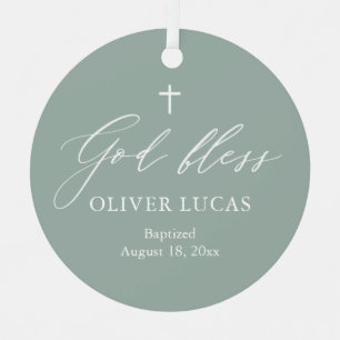 Sage Green White Cross Foto Boy Taufe Ornament Aus Metall