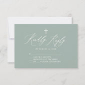 Sage Green White Cross Taufe RSVP Karte (Vorderseite)