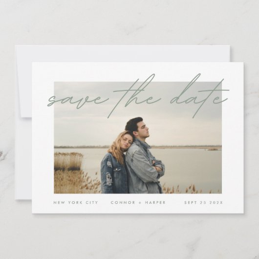 Sage Green White Elegance Border Foto Save The Date (Vorderseite)