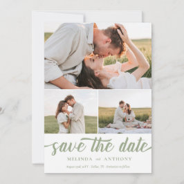 Sage Green White Elegante Bold Script Collage Save The Date