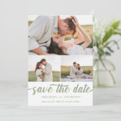 Sage Green White Elegante Bold Script Collage Save The Date (Stehend Vorderseite)
