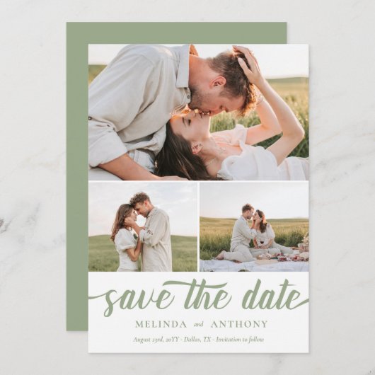 Sage Green White Elegante Bold Script Collage Save The Date (Vorne/Hinten)