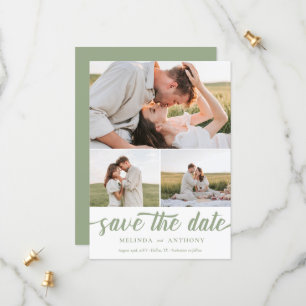 Sage Green White Elegante Bold Script Collage Save The Date