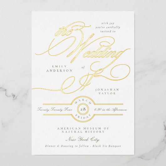 Sage Green White Elegante Calligraphy Wedding Gold Folieneinladung (Vorderseite)