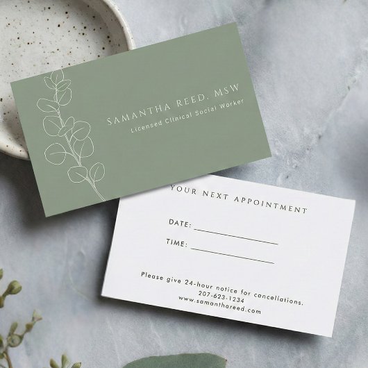 Sage Green White Eucalyptus Therapist Appointment Visitenkarte