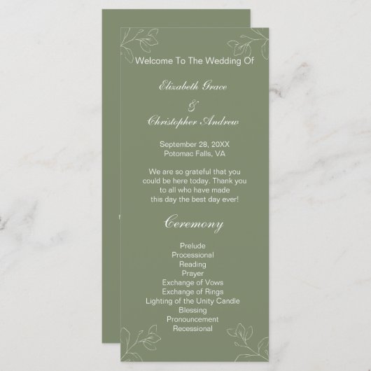 Sage Green White Floral Botanical Wedding Programm (Vorne/Hinten)