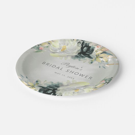 Sage Green White Floral Glitzer Brautparty Pappteller (Schrägansicht)