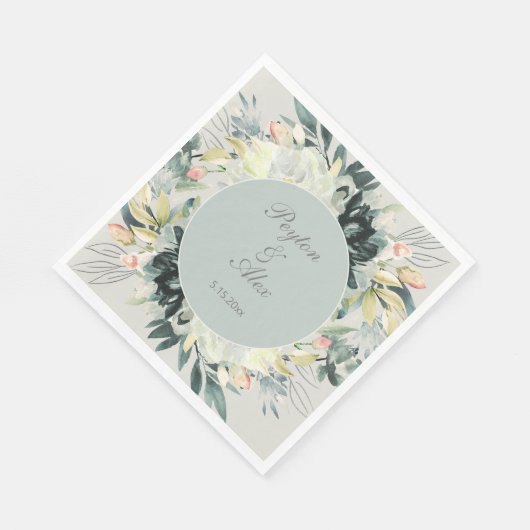 Sage Green White Floral Glitzer Hochzeit Serviette (Ecke)