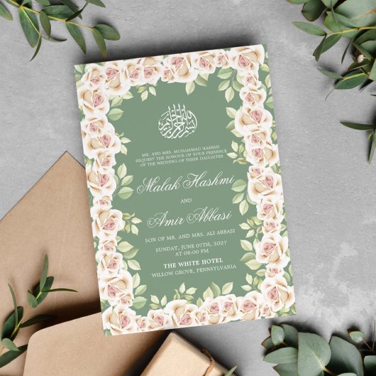 Sage Green White Floral Islamische Hochzeit Einladung