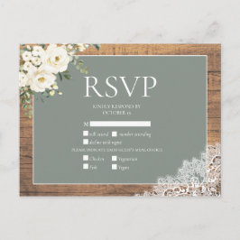 Sage Green White Floral Lace Wood Wedding RSVP Einladungspostkarte