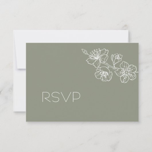 Sage Green White Floral Line Art RSVP (Rückseite)