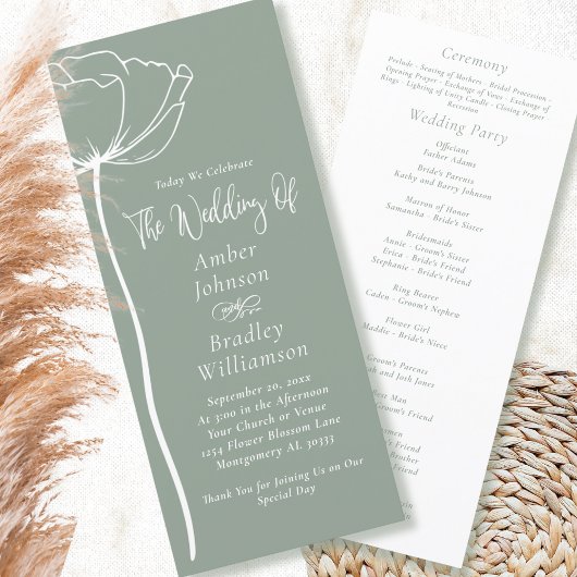 Sage Green White Floral Moderne Minimale Hochzeit Programm