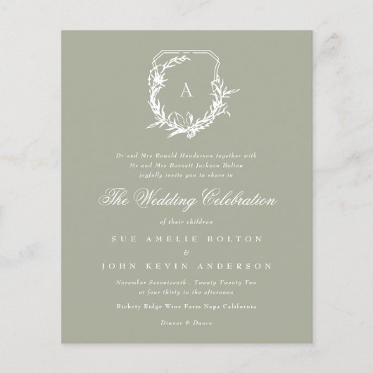 Sage Green White floral monogram crest Budget Flyer (Vorne)