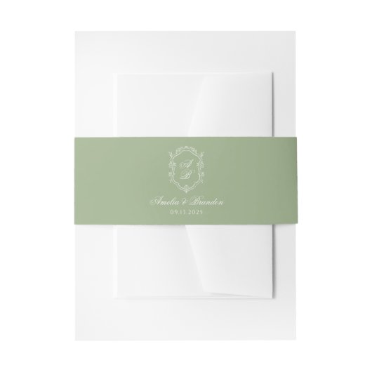 Sage Green & White Floral Monogram Crest Wedding Einladungsbanderole (Vorderseite Beispiel)