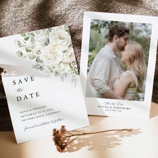 Sage Green White Floral Photo Wedding Save The Date