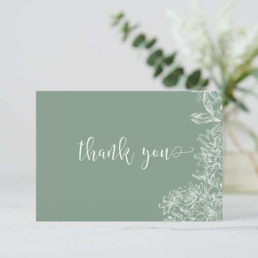Sage Green White Floral Script Danke Note Card (Stehend Vorderseite)