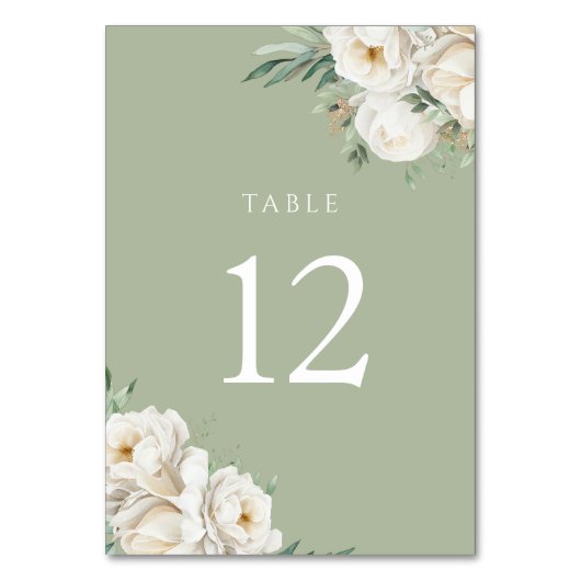 Sage Green & White Flower Wedding Reception Tischnummer (Vorderseite)