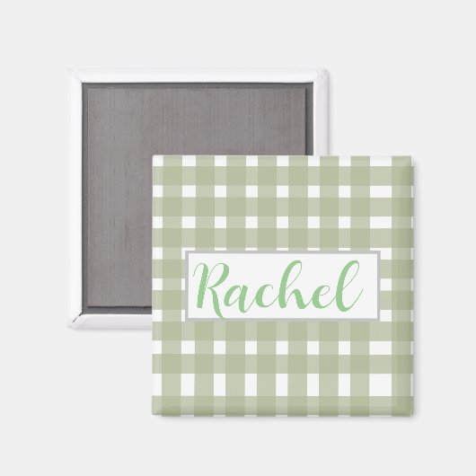 Sage Green White Gingham Personalisiert Magnet (Vorderseite/Rückseite)