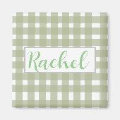 Sage Green White Gingham Personalisiert Magnet (Vorne)