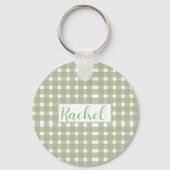 Sage Green White Gingham Personalisiert Schlüsselanhänger (Vorderseite)