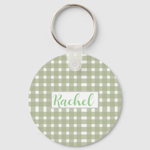 Sage Green White Gingham Personalisiert Schlüsselanhänger