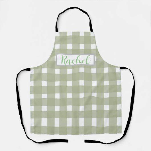 Sage Green White Gingham Personalisiert Schürze (Vorderseite)