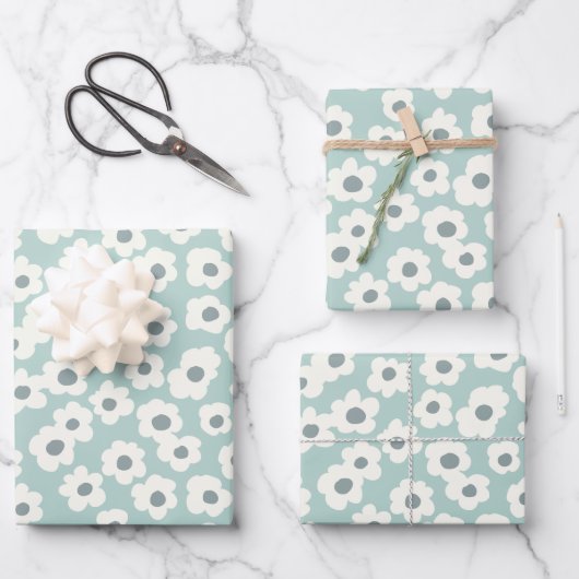 Sage Green White Grey Floral Boho Trendy Geschenkpapier Set (Vorderseite)