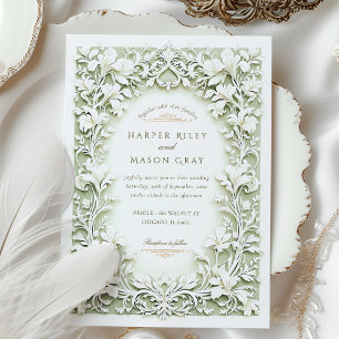 Sage Green White Iris Wedding Imitats Embossed Des Einladung
