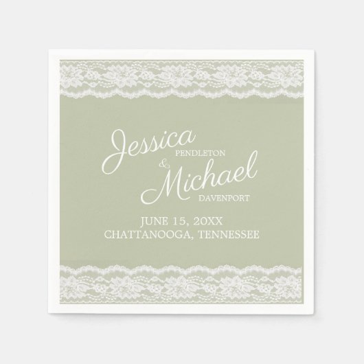 Sage Green White Lace Wedding Names Date Serviette (Vorderseite)