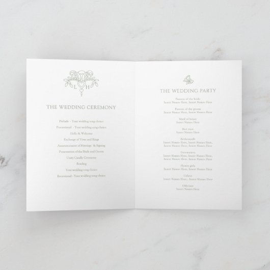 Sage green white Lilie monogram art wedding Programm (Innenseite)
