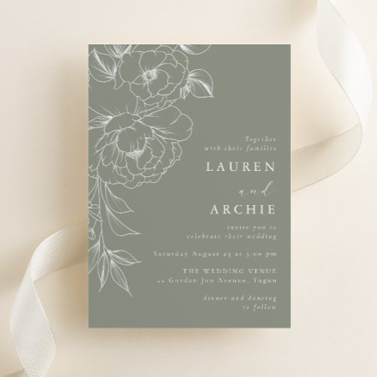 Sage Green White Line Art Floral Wedding Einladung
