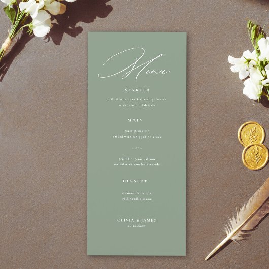 Sage Green White Modern Calligraphy Wedding Menükarte