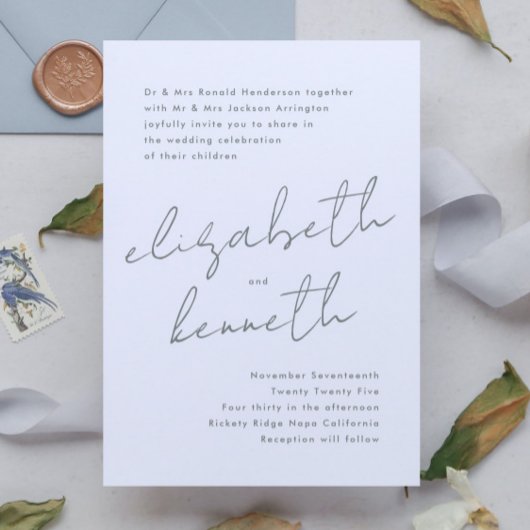 Sage Green White Modern Individuellen Namens Hochz Einladung