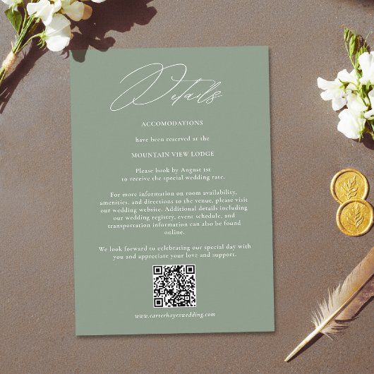 Sage Green White Modern QR Code Wedding Details Begleitkarte