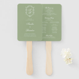 Sage Green & White Monogram Crest Wedding Program Fächer