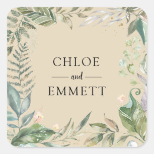 Sage Green White Pink Botanical Wedding Quadratischer Aufkleber