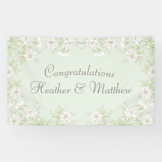 Sage Green White Rose Wedding Banner (Horizontal)