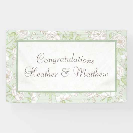Sage Green White Rose Wedding Banner (Horizontal)