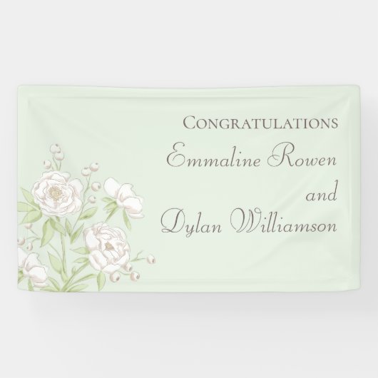 Sage Green White Rose Wedding Banner (Horizontal)