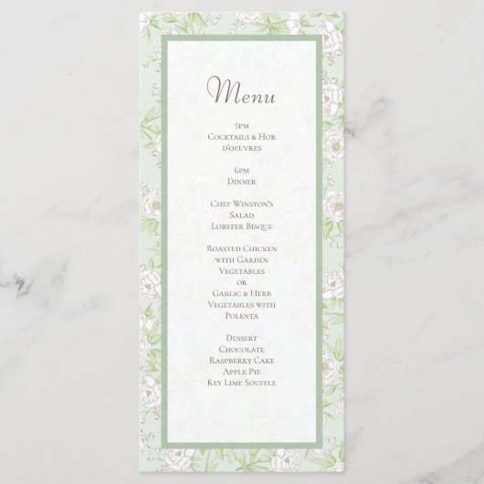 Sage Green White Rose Wedding Menus Menükarte (Vorderseite)