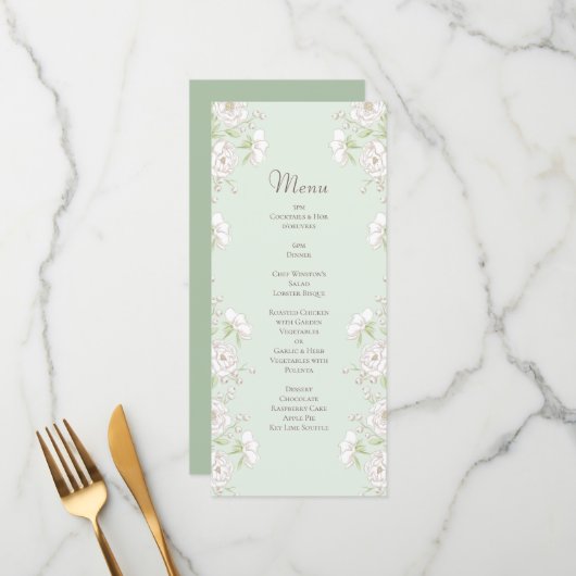 Sage Green White Rose Wedding Menus Menükarte (Vorderseite/Rückseite Beispiel)