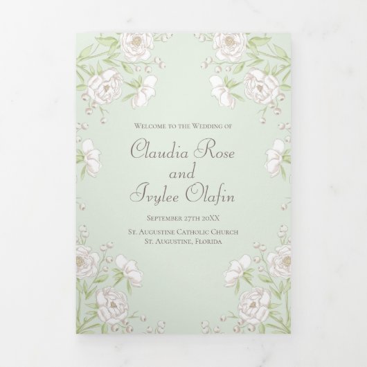 Sage Green White Rose Wedding Programs Dreifach-gefaltete Programmkarte (Cover)
