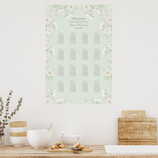 Sage Green White Rose Wedding Seating Chart Poster (Küche)