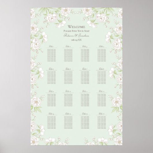 Sage Green White Rose Wedding Seating Chart Poster (Vorne)