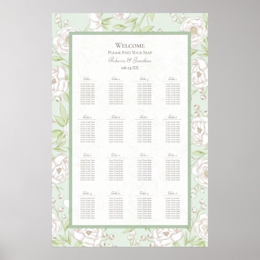 Sage Green White Rose Wedding Seating Chart Poster (Vorne)