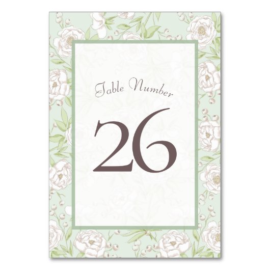 Sage Green White Rose Wedding Table Number Tischnummer (Vorderseite)