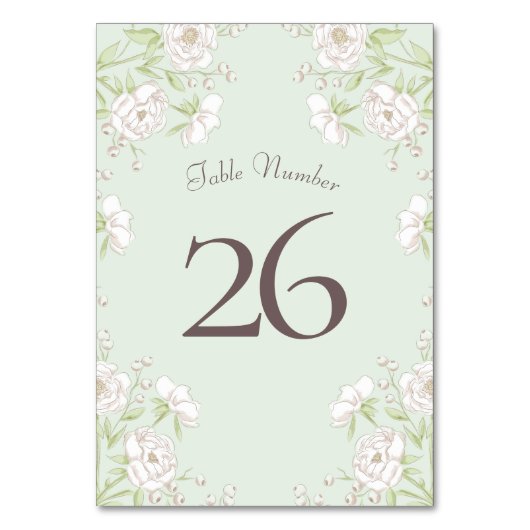 Sage Green White Rose Wedding Tischnummer (Rückseite)