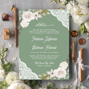 Sage Green White Roses Lace Islamische Hochzeit Einladung